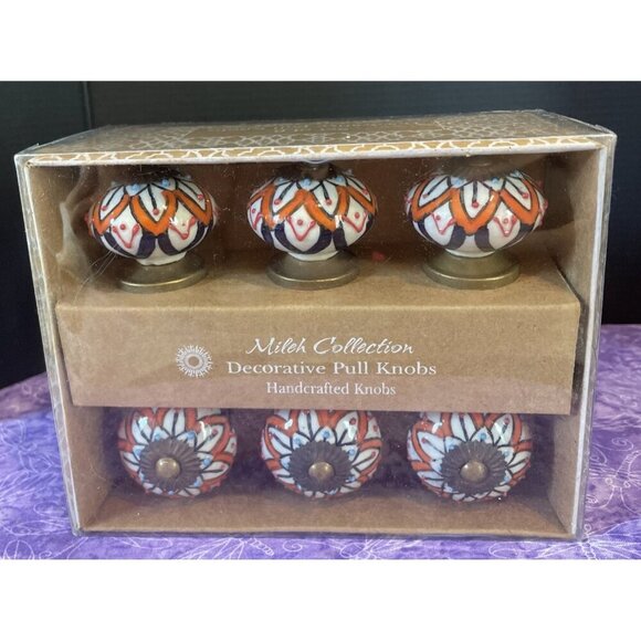 Mileh‎ Collection Ceramic Decorative Pull Knobs Handcrafted Blue Orange NEW Boho - Picture 1 of 3